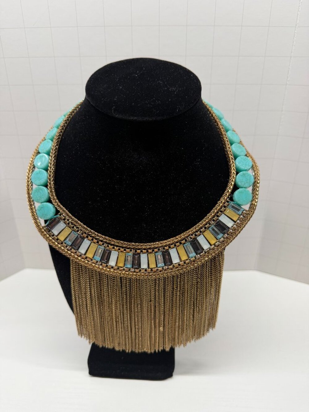 NWT Chico’s Cleopatra Loren Reversible Fringe Statement Necklace Gold tone